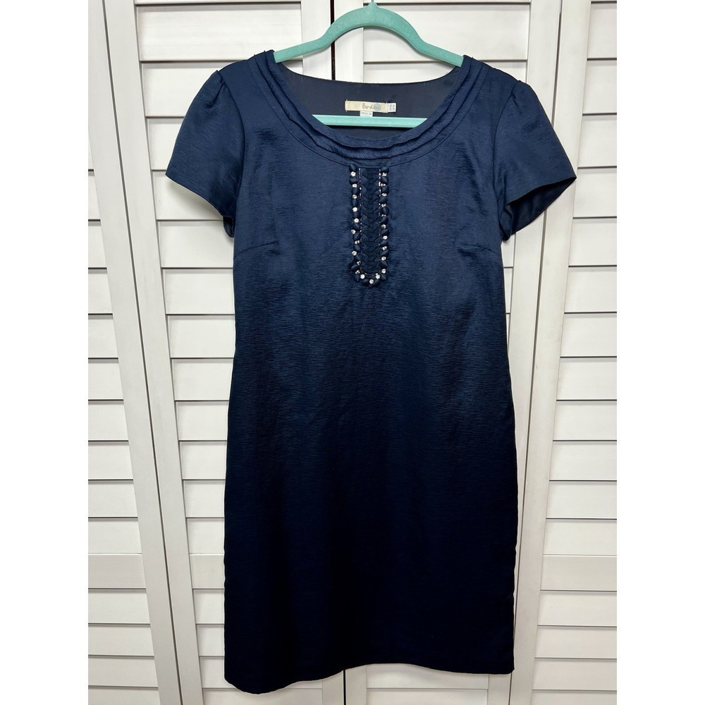 Boden Castleton Silk Blend Embellished Short Sleeve Shift Dress Size 6 Navy Blue